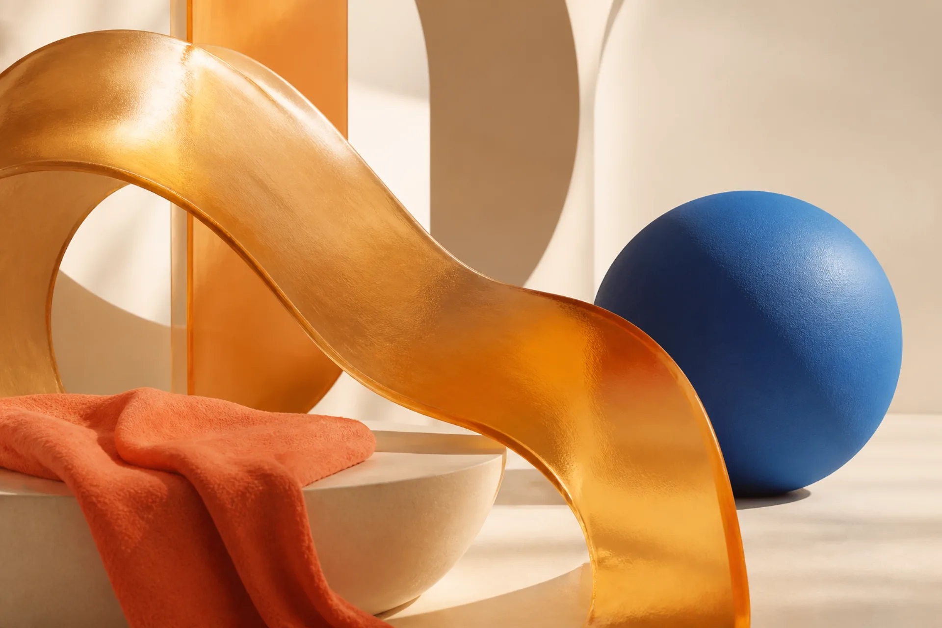 Amber glass ribbon and blue sphere in an architectural studio