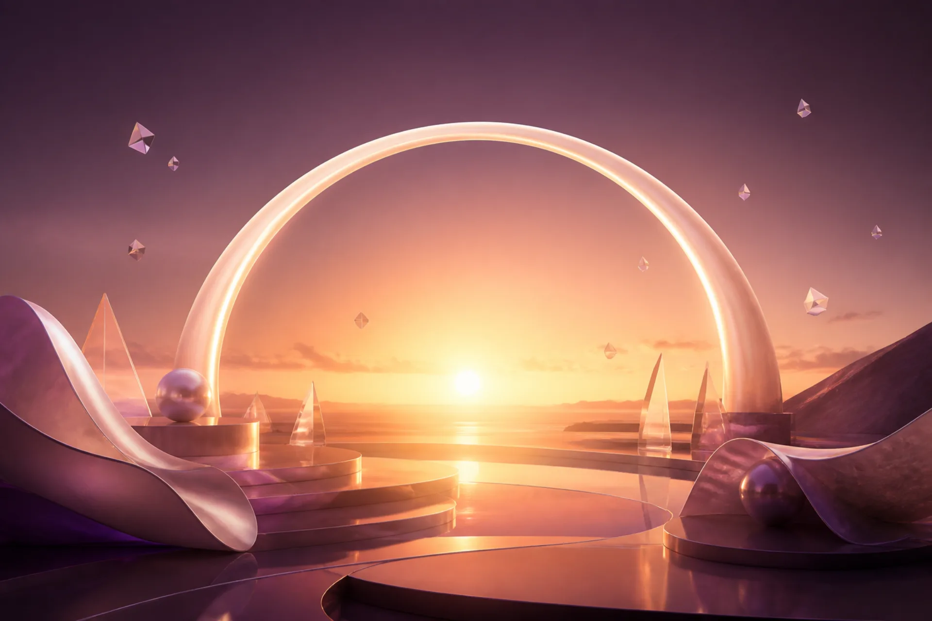 Luminous pearl arc framing a warm horizon
