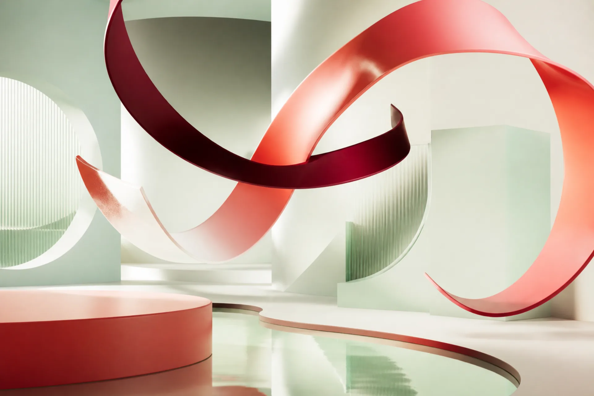 Interlocking coral ribbons in a mint architectural space